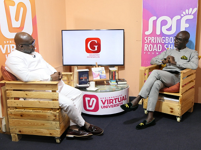 George Andah (left) and Rev Albert Ocran in a discussion in The Engine Room series on the Springboard Virtual University Programme.